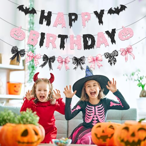Pink Halloween Decorations Banner with Glitter Bow - Spooky Birthday Party Decor for Girl - Bow Boo Variation