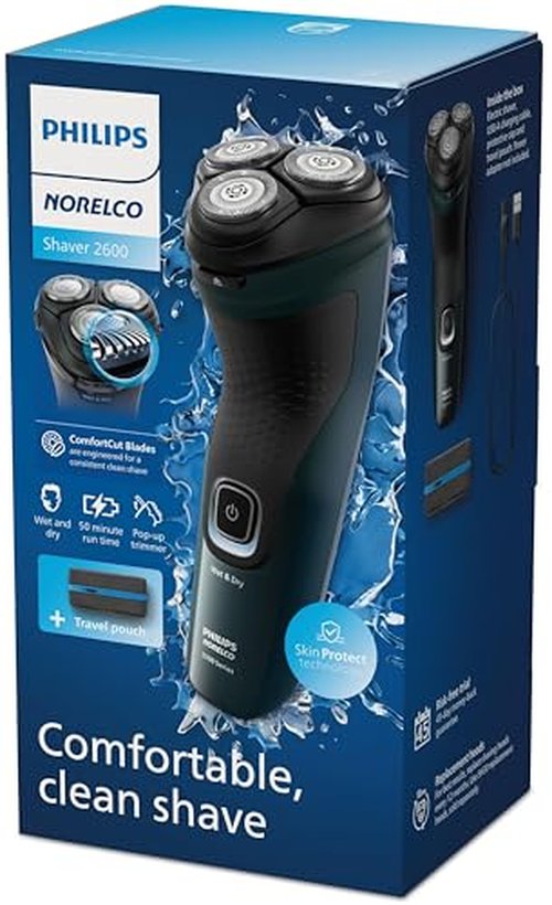 Philips Norelco Shaver 2600 Series, Wet and Dry Electric Shaver, Pop-up Trimmer, P-Cap, Travel Pouch, Dark Forest Green, Model X3052/91