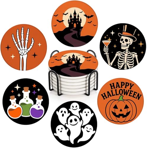 Halloween Ghost & Skeleton Coasters Set of 6 - Ceramic Stone Drink Protectors with Cork Bottom & Holder - Skeleton Castle Ghost Variation