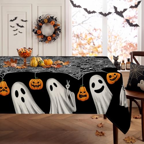 Halloween Black Rectangular Tablecloth 60 x 120 Inches Spooky Spider Web Ghost Design - Party Decor