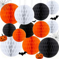 Halloween Hanging Honeycomb Balls Set - Black, Orange & White Decorations, 12 pcs