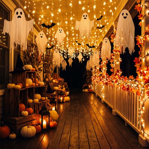 Halloween Hanging Ghost Decorations Set - Outdoor Ghosts with Gauze Sheets & Faces