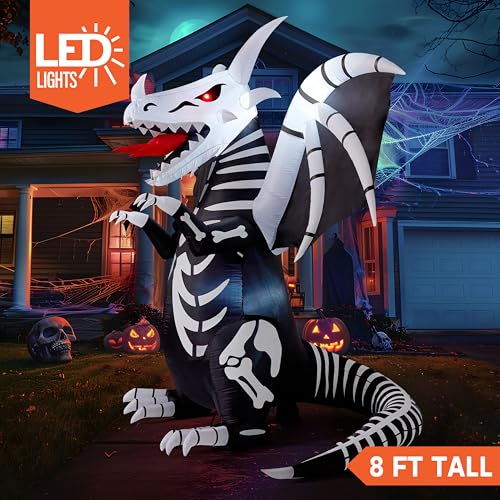 8 Ft Tall Halloween Skeleton Dragon Inflatable Yard Decoration with Red LED Eyes