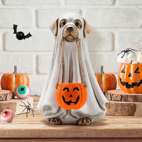 Halloween Ghost Dog Figurines with Small Pumpkin Tabletop Decoration - Handcrafted Cute Dog Halloween Decor - Variations of Ghost Dog