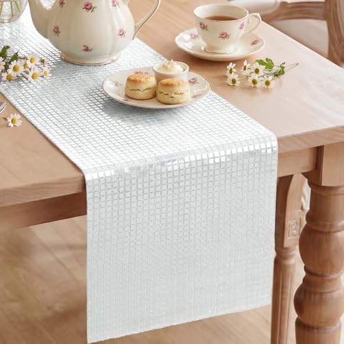 Silver Glitter Disco Sequin Table Runner 12x72 Inch for Retro Party Decor
