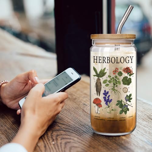 Herbology Witch Glass Cup - 16oz Magical Plant Themed Coffee Mug with Lid & Straw