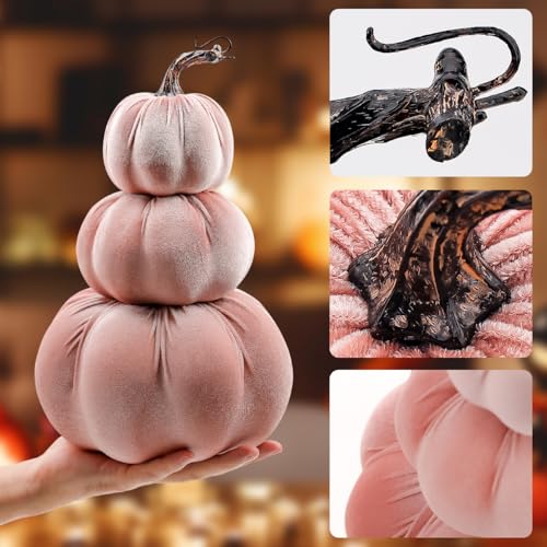 Pink Velvet Stacked Pumpkin Tower Fall Halloween Thanksgiving Home Decor - 12 Inch