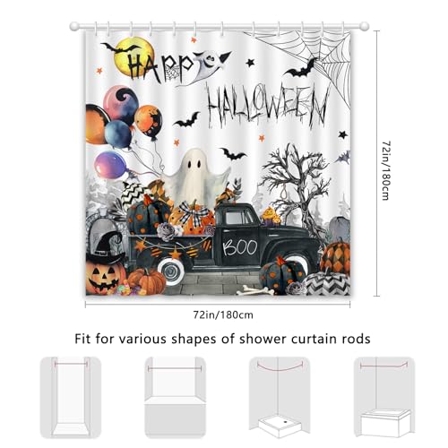 Halloween Shower Curtain with Ghost Pumpkin Balloon Design - Waterproof Fabric, 72x72 inches