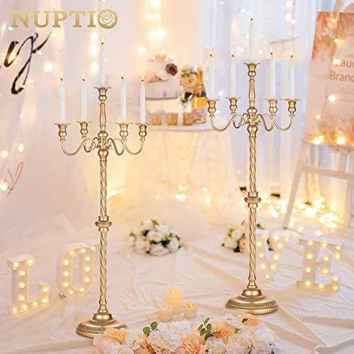 Tall Gold Candle Holders Set of 2 - 34 Inch Floor Candle Stands for Weddings & Holidays