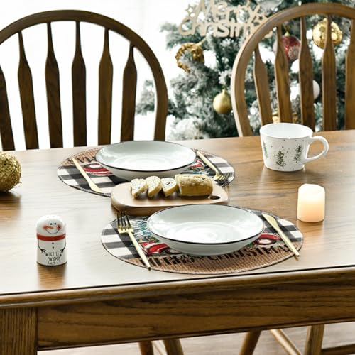 14-Inch Round Placemat Set of 4 - Black Buffalo Plaid Xmas Trees Holiday Table Decor