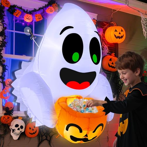 3.5 Ft Halloween Inflatable Ghost with Candy Bucket & LED Lights Outdoor Decor