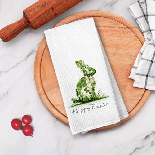 Green Bunny Easter Kitchen Dish Towels - Farmhouse Spring Hand Towels, 16x24 Inches
