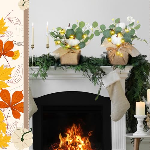Autumn Fall Decorations Set with Pumpkins Eucalyptus & LED Lights for Thanksgiving & Table Centerpieces