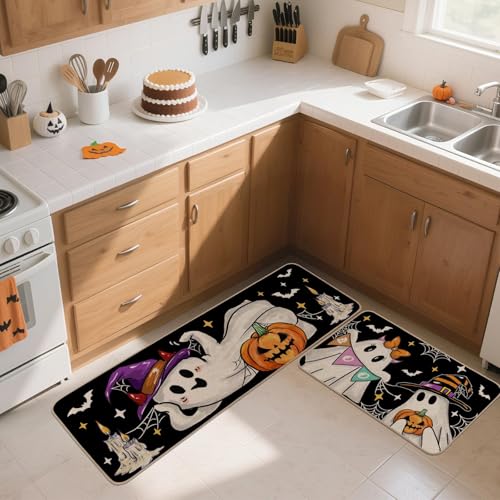 Halloween Kitchen Rugs Set of 2 - Ghost & Witch Design, 17x29 & 17x47 Inches, Multi-Color