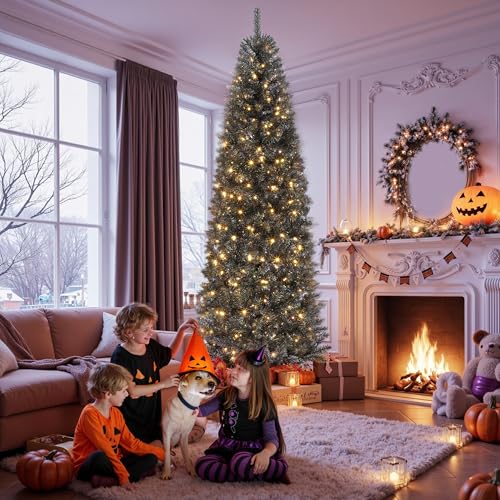 6ft Slim Black Artificial Christmas Tree with Lights - Halloween & Holiday Decor