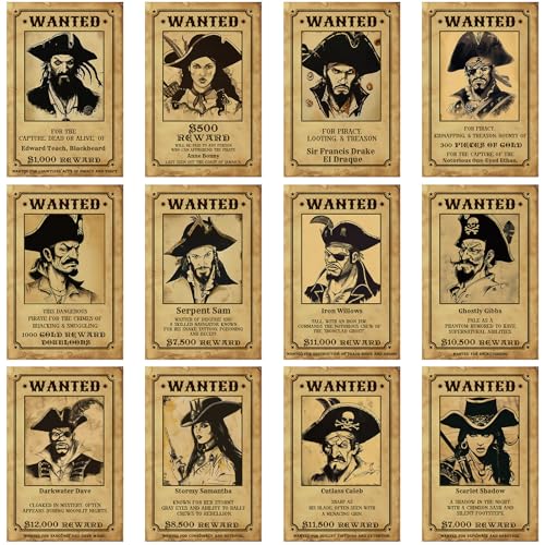 Pirate Wanted Poster Set - Halloween Party Decor Prop - 12 pcs 8x12 Inches - Pirate Theme