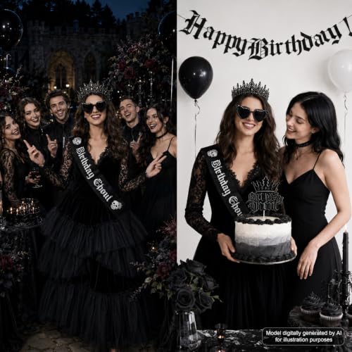 Gothic Birthday Decorations Set - Crown, Sash, Sunglasses, Banner & Cake Topper