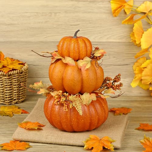 Artificial Pumpkin Fall Décor - Autumn Table Centerpiece with Faux Berries & Maple Leaves - Color #5