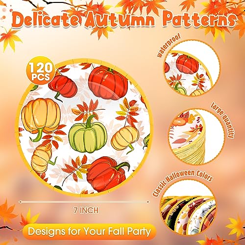 Uiifan 120 Pcs Fall Pumpkin and Maple Leaf Disposable Paper Plates - 7 Inch Thanksgiving & Autumn Harvest Dinnerware Set - Variation of THIS listing