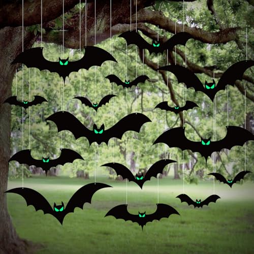 Halloween Hanging Bat Decorations Set - 18 Waterproof Creepy Bats with Glowing Eyes for Outdoor Yard and Party Decor