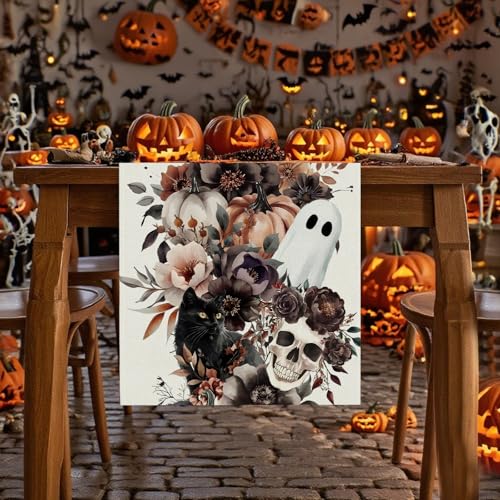Halloween Ghost Skull Table Runner 13 x 108 Inches - Holiday Burlap Decor
