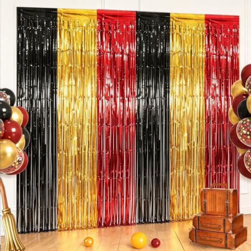 Red Black Gold Foil Fringe Curtains - 2 Pack, 6.56 x 6.56 ft Party Decorations