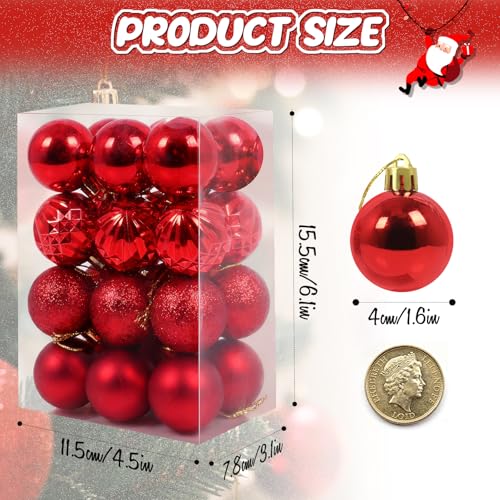 24Pcs Red Christmas Ornament Balls - Shatterproof Holiday Tree Decorations