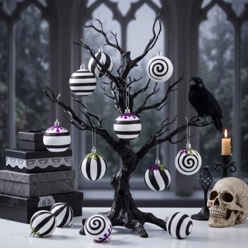 Medoore 24Pcs Gothic Black & White Christmas Ornaments with Purple & Green Glitter Drips - 2.36 Inch Hanging Balls for Halloween Xmas Tree & Party Decor