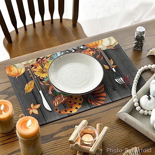 Black Rectangular Fall Gnome Leaves Pumpkins Placemats Set of 6, 12 x 18 Inches