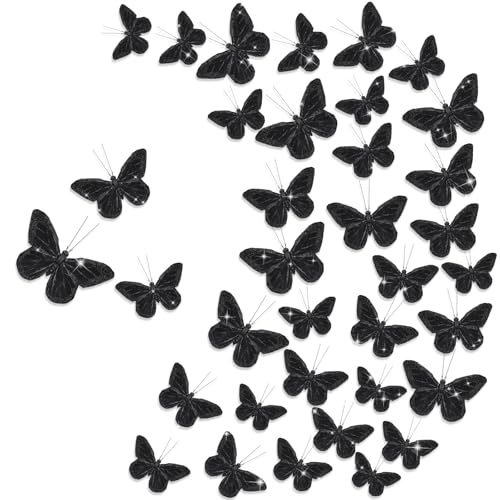 Black Feather Butterfly Wall Decor Set - 36 Monarch Decorations, 3 Sizes, Indoor & Outdoor Use (Variation: Black / 36)