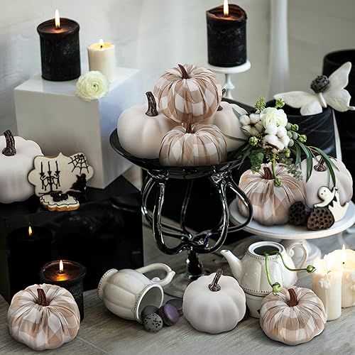 Artificial Mini Pumpkin Decor Set - Beige & White Gingham & Plain Pumpkins for Fall Halloween Thanksgiving