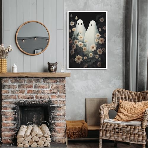 16x12 Ghost Wildflowers Halloween Wall Art Canvas Unframed - Dark Academia Decor