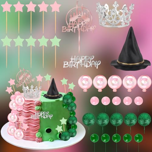 Witch Theme Cake Decorations Set with Crown Hat Balloons - Pink & Green - 33 Pack - Witch Variation