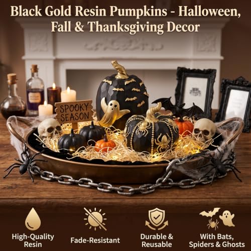 Halloween Pumpkin Decor Set - Black & Gold Resin Pumpkins with Spider Web Ghost Bat E