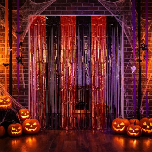 Black and Red Metallic Fringe Curtains 3 Pack - Halloween Party Backdrop