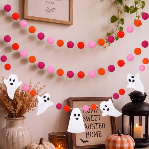 Halloween Felt Ghost Garland - 8.2ft Felt Ball Banners for Party Decoration, Variation of Ghost & Red Pink