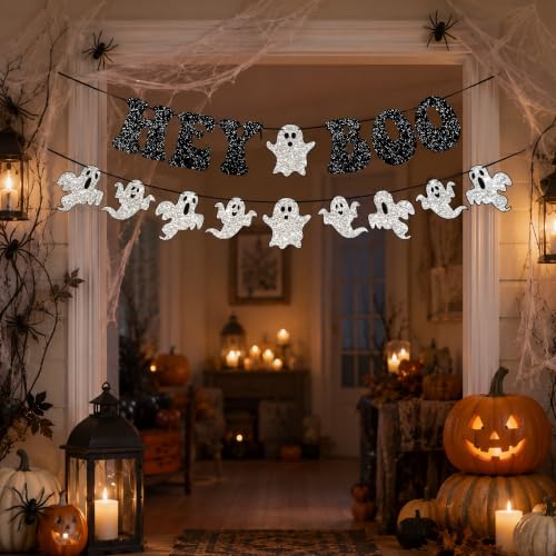 Halloween Banner with Ghost Garland - Black Glitter 'Hey Boo' Party Decor