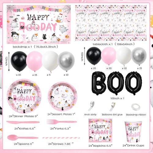 Halloween Birthday Party Supplies Set with Plates Balloons Banner and Tablecloth - Pink Boo Day Theme