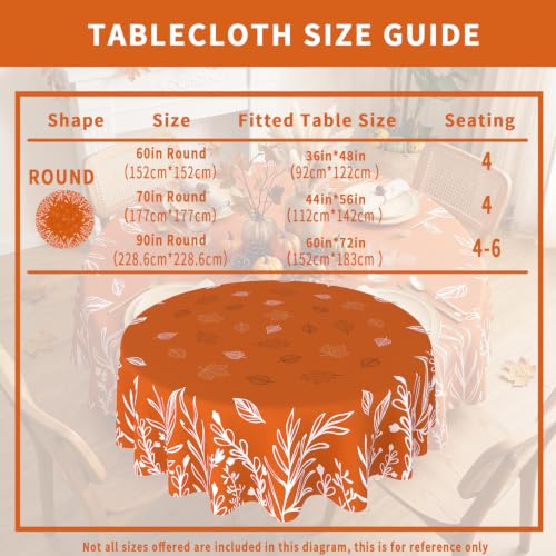 Fall Leaf Round Tablecloth 90 Inch - Autumn Leaves and Wild Flowers, Stain Resistant Washable Fabric, Fall Decor