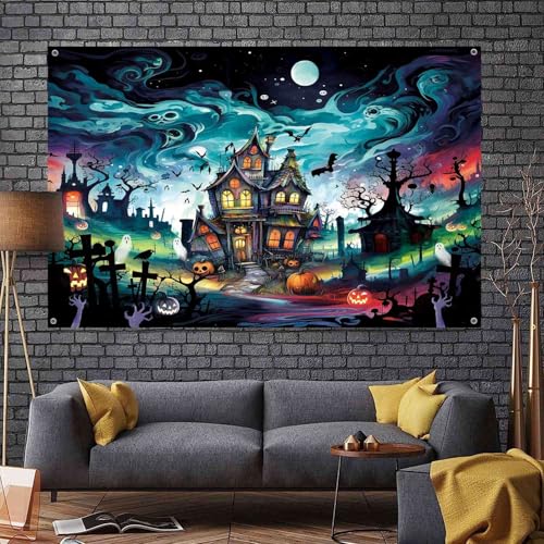 Halloween Backdrop 8x6ft Haunted Graveyard Photo Background for Kids - Black & Colorful