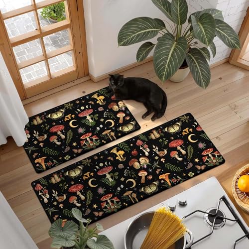 Anti-Fatigue Mushroom Kitchen Mats Set - Black 46x17 & 29x17 Inches with Non-Slip Waterproof Backing