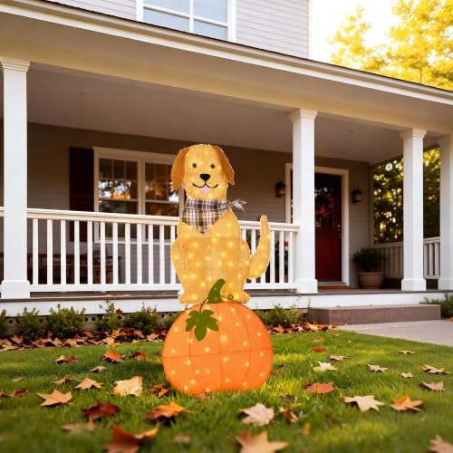 Fall Lighted Outdoor Decor with Labrador on Pumpkin - 47-inch Yard Display with Warm White LED Lights