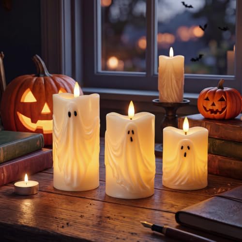 Halloween Ghost Pillar Candles Set with Remote Timer - Flameless Indoor Decor
