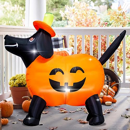 Halloween Inflatable Pumpkin Dog Decoration with LED Lights - 4FT Tall, Outdoor Indoor Yard Decor with Self-Inflating Blower