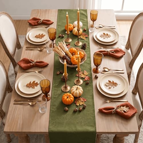 Maple Leaf Moss Green Granular Jacquard Table Runner 13x72 Inch – Durable Home Decor