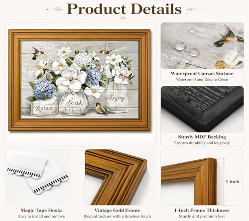 Hydrangea & Hummingbird Floral Canvas Wall Art - Rustic Bathroom & Living Room Decor 11x9in