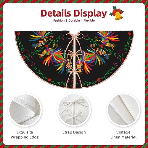 Round Ethnic Mexican Christmas Tree Skirt 36 Inch Black Rustic Holiday Decor