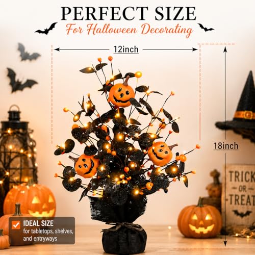 Black Brown Orange Lighted Halloween Table Tree Set - 2 Pack Seasonal Pumpkin Decor