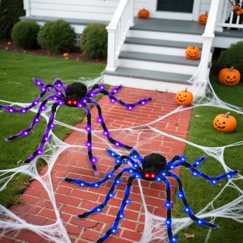 50 Inch Giant Light Up Halloween Spiders Set - Blue and Purple, Bendable Legs, Battery Operated
