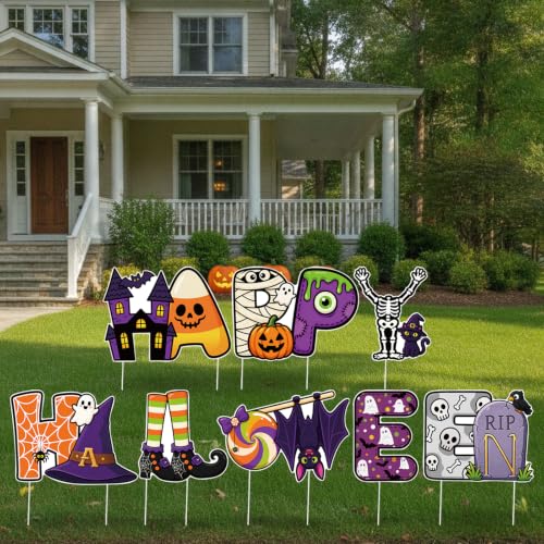 8 Pcs Halloween Yard Sign Set with Cartoon Designs - Outdoor Lawn Decorations